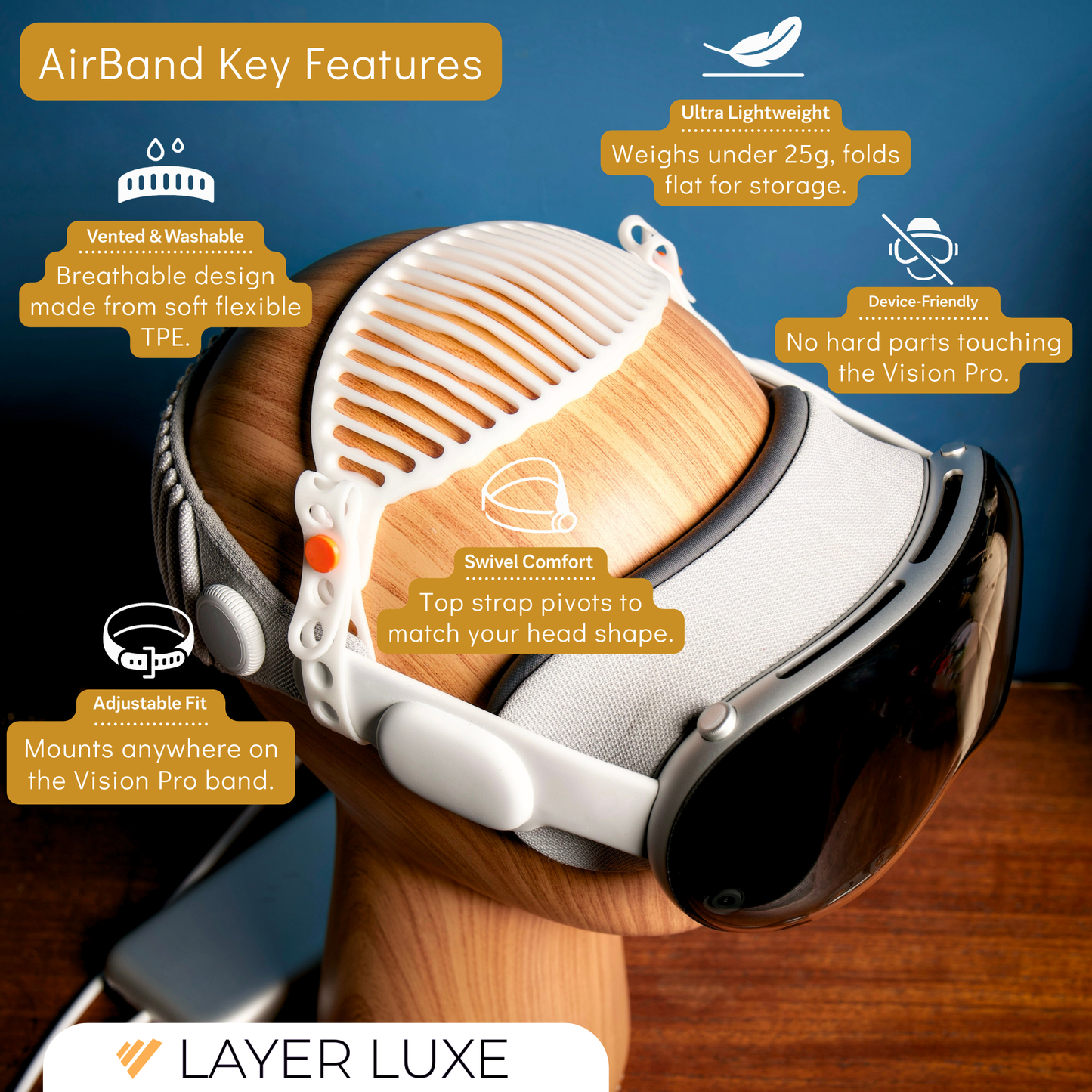 AirBand Vision Pro Strap – Flexible Vented Head Strap | Soft TPE Comfort Band | Adjustable Lightweight Head Support by Layer Luxe